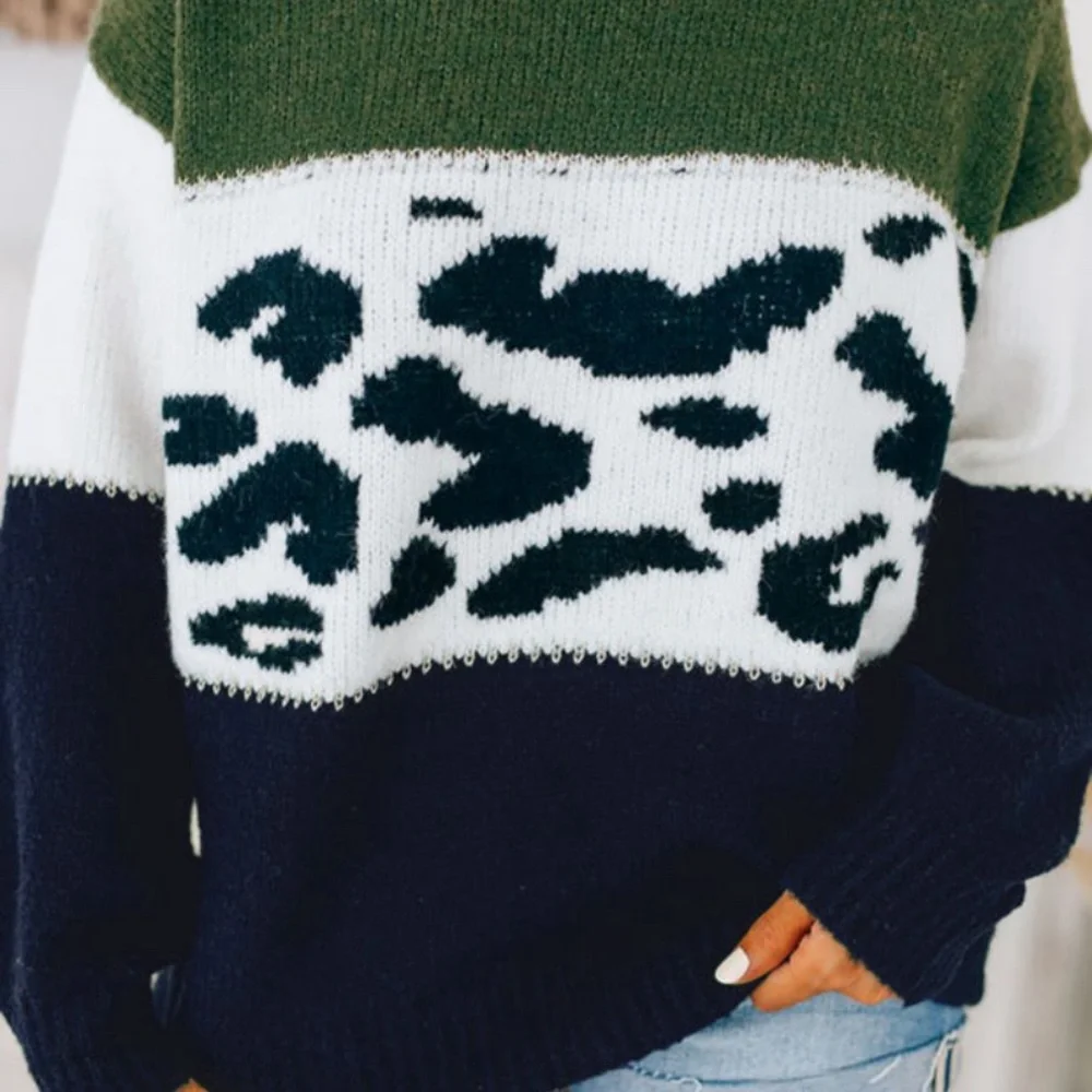 NWOT Colorblock Leopard spot splicing Sweater(211918) - Picture 6 of 8